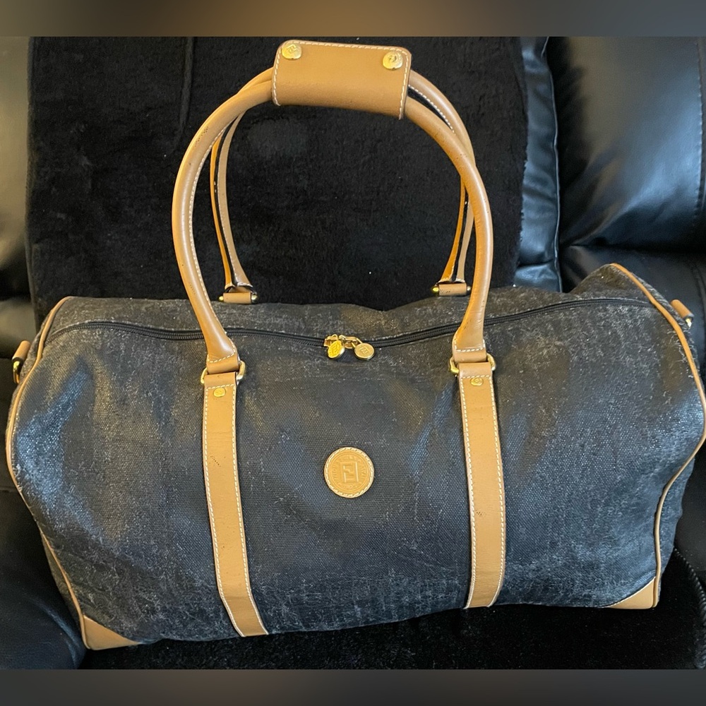 FENDI Black and Tan Travel Duffel Bag with Logo